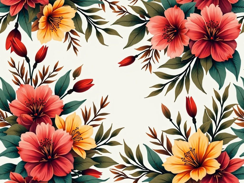 This exquisite digital illustration features a harmonious arrangement of vibrant flowers in shades of red, pink, and yellow, surrounded by lush green leaves. The flowers are intricately detailed, evoking a sense of elegance and natural beauty. The design is symmetrical, with blooms located at the corners and a clear center space, enhancing its decorative appeal.