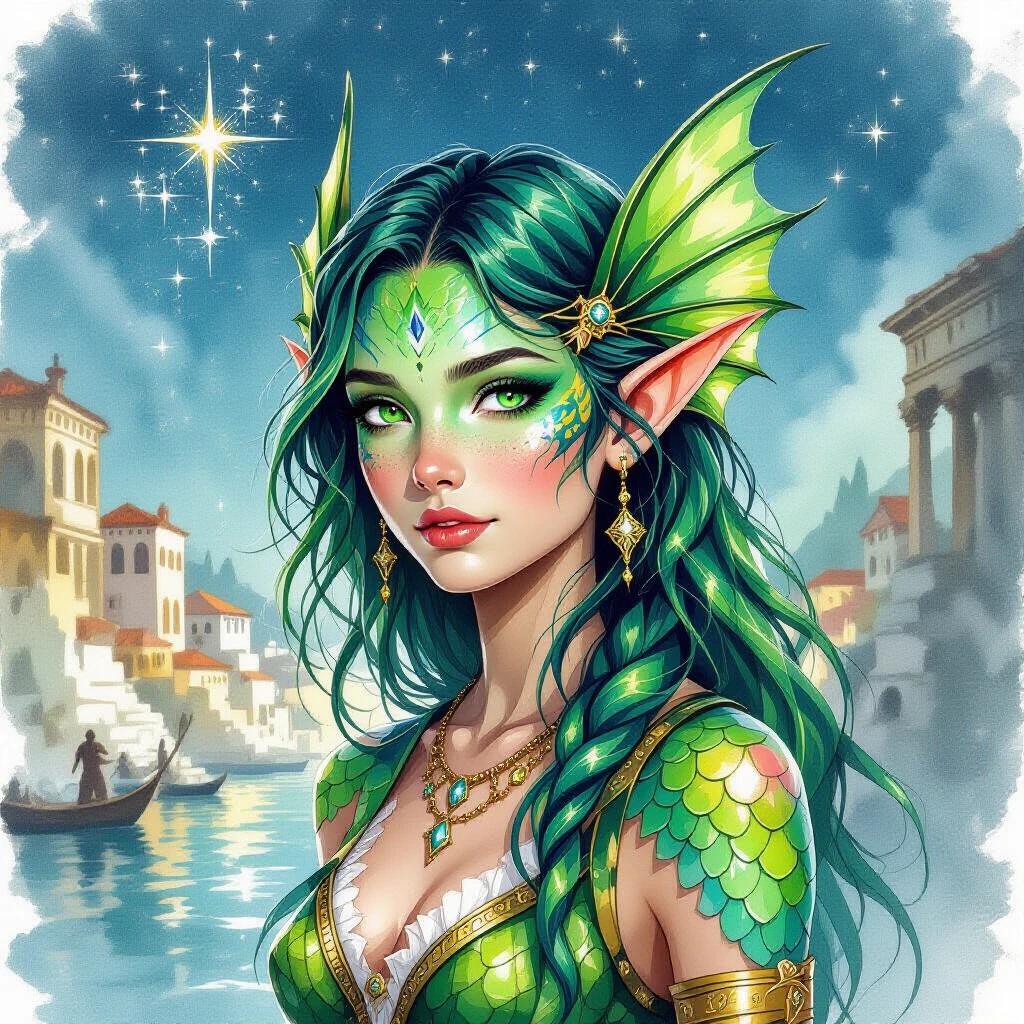 Dark watercolour illustration of a candid portrait of a teenaged Triton fish-girl. She has sharp finned ears and green-blue scaled skin. The background features a harsh Ancient-Grecian-Fantasy port city. The girl wears Ancient-Greek-Fantasy clothing and holds a magical black stone. Her long green-blue hair is slicked back and she's casting constellations. A mystical starry theme is present.