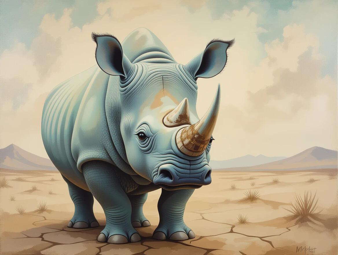 Surreal whimsical painting of a sad rhinoceros in a cracked desert. Elongated forms and exaggerated proportions create an eerie yet playful atmosphere. Soft blended textures and muted dreamlike background enhance the feel. Large glossy eyes and painterly brushstrokes add to the unique style.