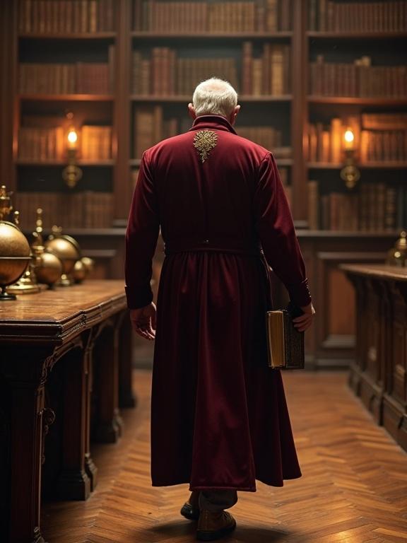 Elderly British man wearing burgundy robe walking toward wooden table in Victorian library. He holds dark leather book in right hand. Library filled with aged books and brass instruments. Warm candlelight illuminates wooden floors. Dust floating in air. Atmosphere is scholarly and mysterious.