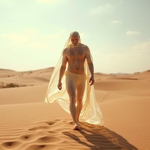 Translucent man made of liquid water walking in dry Sahara sand.