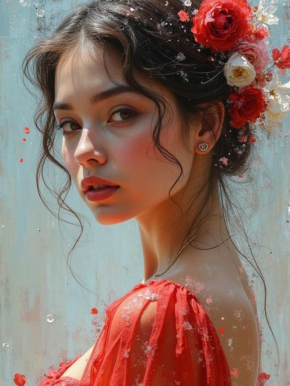 Impressionist-style portrait featuring a woman close-up. The woman has floral adornments in hair. The background is textured with soft colors. The painting reflects a blend of classic and modern styles.