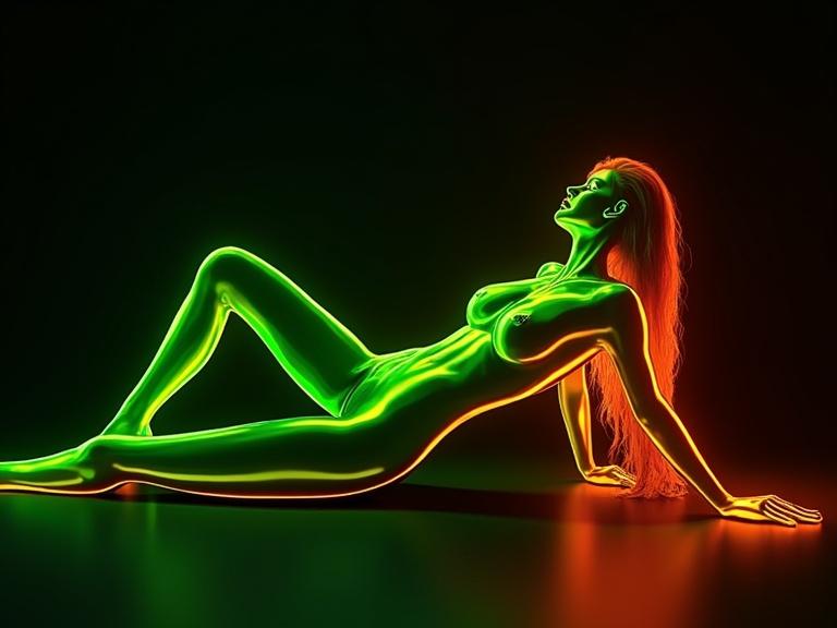 High-contrast abstract piece with neon green and neon orange on a dark background. 3D artistic rendering of a female figure in a sexy pose, full body view.