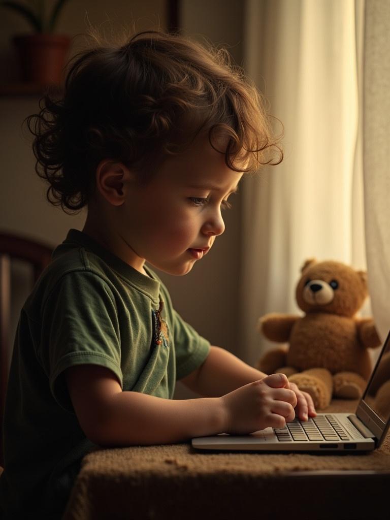 A small child engages with a laptop on a table. A teddy bear is present beside the child. Natural light filters through the window, creating a warm ambiance.