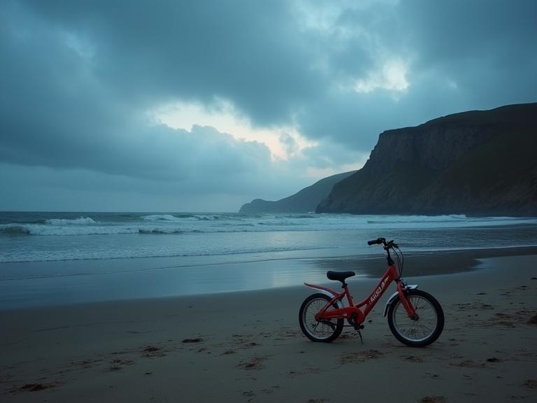 Quiet beach at North Sea during dusk. A girl's red bicycle rests on the sand. Distant cliffs loom in the background. Clouds appear moody and atmospheric.