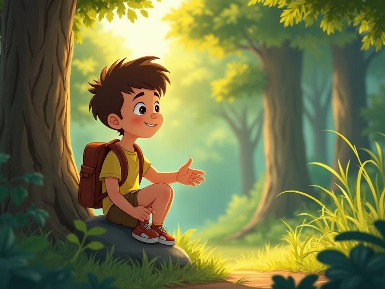 Scene is a cartoon. Young boy about seven years old with innocent features and wide eyes. Simple shirt and shorts with a small backpack. Sits near a tree on a rock in the forest. Sun's rays touch his hand. Closes his eyes.