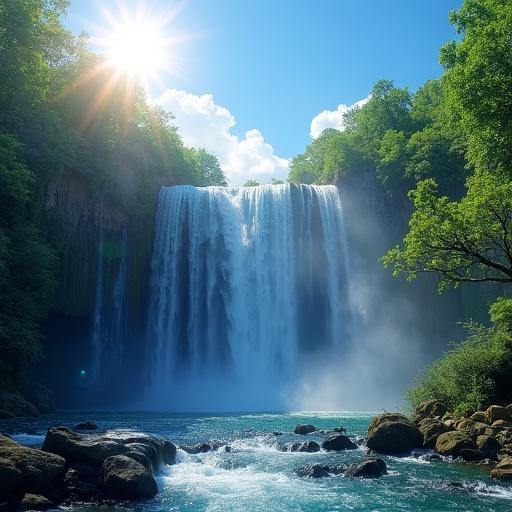 A stunning waterfall with a clear blue sky and bright shining sun. Lush green surroundings. A serene natural landscape featuring flowing water.