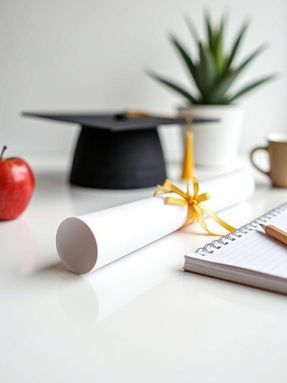 Clean modern layout showcasing graduation elements on a white table. Includes diploma, graduation cap, apple, coffee cup, notebooks, and scattered pencils. Artistic lighting enhances the professional look.