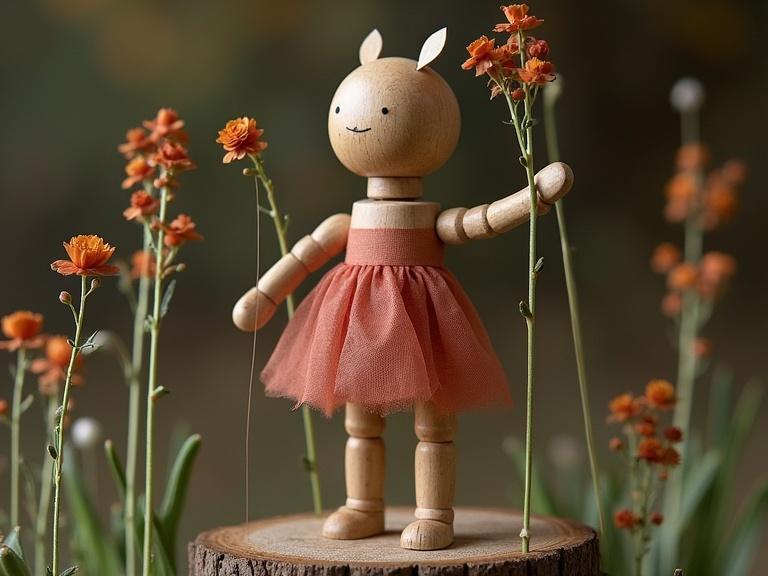 Wooden puppet in a flower garden. Puppet has a cute expression. It wears a red tutu. Flowers surround the puppet.