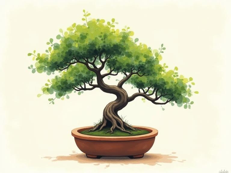 Screen printed image of a bonsai tree. Art is hand-painted. Tree has impressionistic leaves. Background is very simple. Trunk is wonky and gnarly. Rests in a simple clay pot.