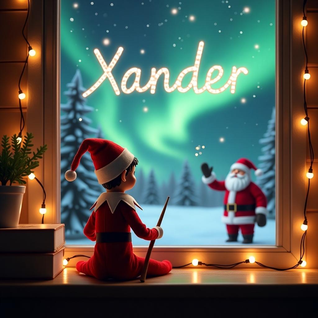 A cozy Christmas scene depicts an elf on the shelf, sitting with his back facing the viewer. He holds a wand and is writing 'Xander' in the sky. Outside the window, a magical winter landscape unfolds, featuring sparkling northern lights and Santa Claus in the background. Warm lighting from string lights enhances the festive atmosphere. The elf wears a traditional red suit with a hat, embodying the spirit of Christmas. This enchanting scene captures the wonder and magic of the holiday season.