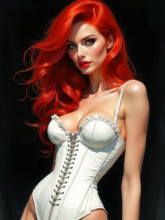 Beautiful seductive redhead in white corset with black background. Edgy graphic novel style. Watercolor effects.
