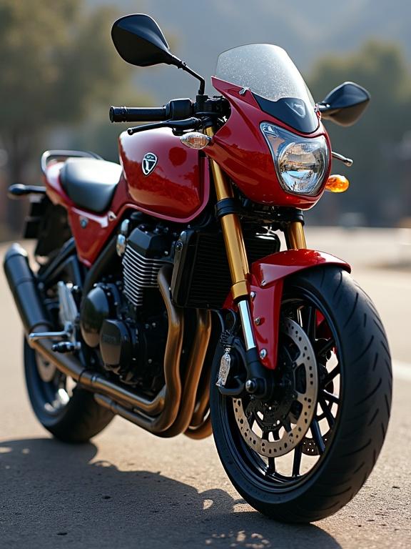 Image of a shiny motorcycle. Focus on red color with black accents. Motorcycle positioned on a road with blurred background.