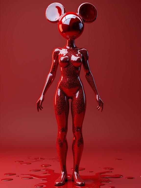 3D model of humanoid figure with glossy red suit. Features Mickey Mouse head. Created with hyper-detailed rendering techniques. Presented in high resolution.
