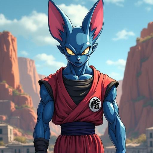 Character from anime series, humanoid figure with feline features. Wearing a red outfit with black accents, standing in a powerful pose, set against a rocky landscape.