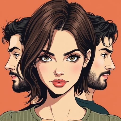 Illustration of a woman with short brown hair and brown eyes positioned between two men with side profiles visible