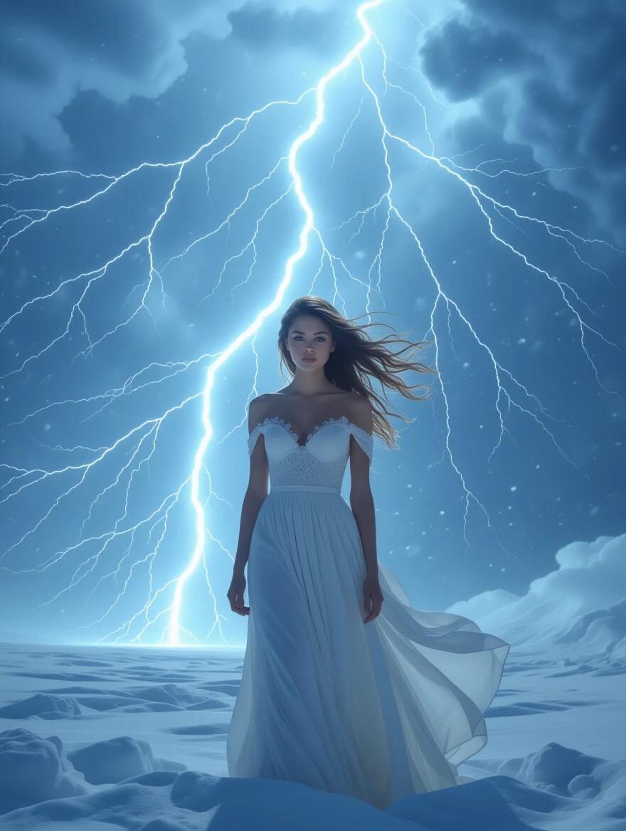 A girl in a flowing white gown stands majestically in a storm. Lightning strikes dramatically in the background. The scene conveys both beauty and power of nature.