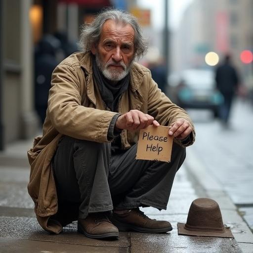 A poor man sits on the sidewalk wearing torn clothes. His tired face shows deep lines from hardship. He has rough, dirty hands holding a cardboard sign that says 'Please help.' A worn-out hat is next to him on the ground. His sad eyes reflect quiet hope as he asks for help.