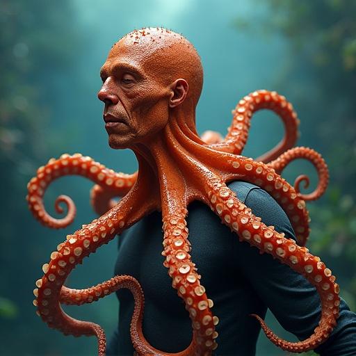 An anthropomorphic character with an octopus body, intricately designed with tentacles as arms, underwater backdrop.