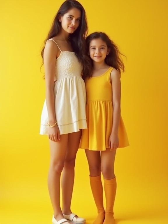 Photo of a mother with daughter. Both wearing colorful dresses. Yellow background. Girls standing side by side. Full body portrait. Candid snapshot with low resolution and soft focus. Vintage style reminiscent of early digital photography.