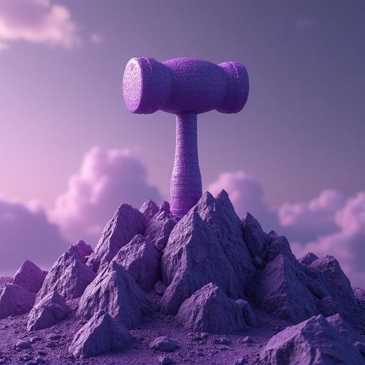 A mountain resembling a hammer in shades of purple. Clouds in the background creating a surreal atmosphere.