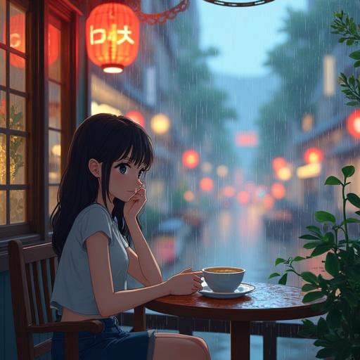 Anime girl sitting at a cafe drinking coffee. Rainy weather outside. View of a colorful Japanese city. Soft ambiance with Lofi style.