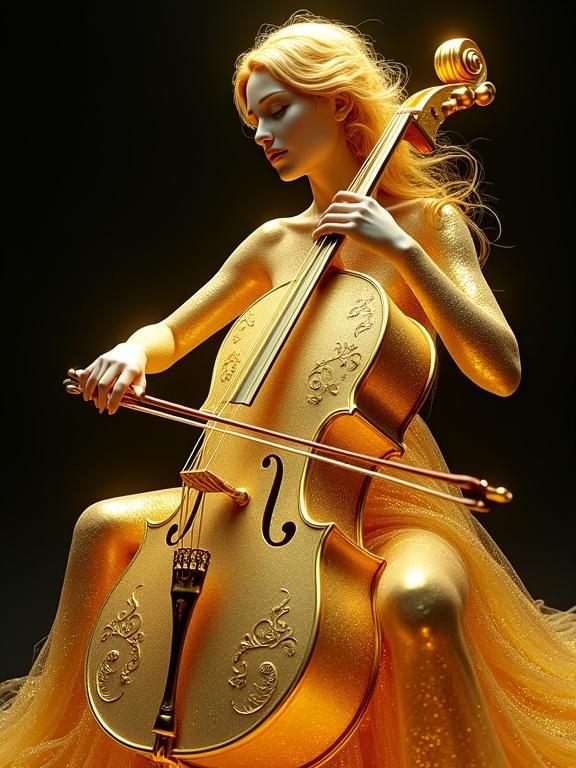Surreal golden figure of a woman playing ornate cello. Her body composed of intricate swirling patterns resembling molten gold and delicate filigree. Hair flows with golden curls. Skin shimmers and fragments into glowing particles. Cello is glass-like with gold inlay, reflecting soft ambient light. Background is deep dark, highlighting radiant glow of subject. 