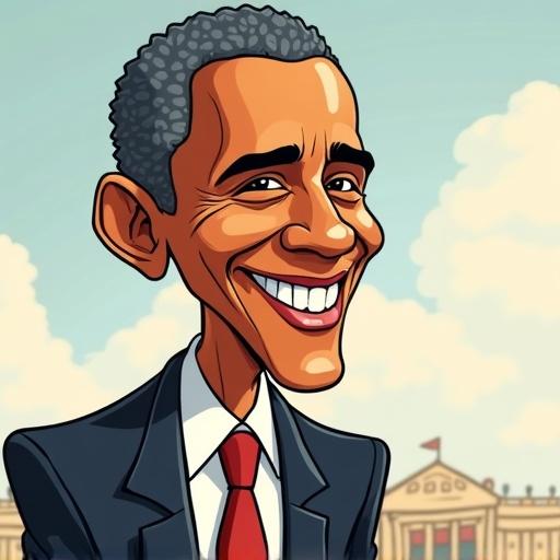 Cartoon representation of a smiling African-American man in formal attire with a bright background and playful style