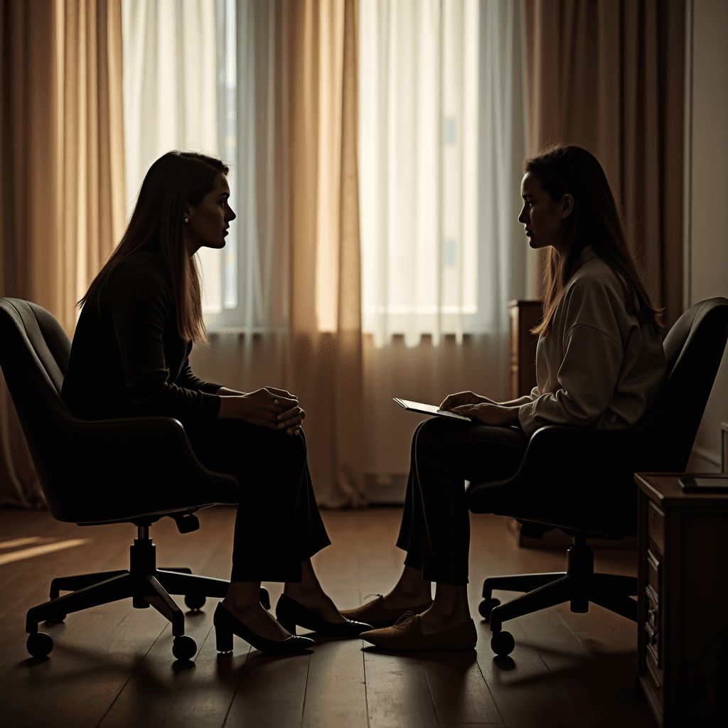 Two women are seated facing each other in an office space, silhouetted against bright curtains, suggesting an intimate or professional discussion.