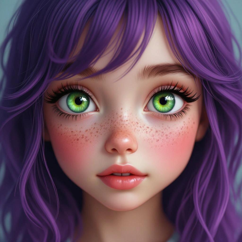 Close-up view of a girl with sparkling green eyes. Hair color is purple and has a wavy texture. The girl shows freckles across her cheeks. Skin has a striking red hue. Long eyelashes enhance the eyes' sparkle.