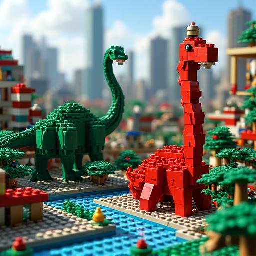 Deconstructed Lego metropolis reassembling into colorful dinosaur figures in a playful setting near a waterway. Background contains a city skyline illustrating a vibrant landscape.