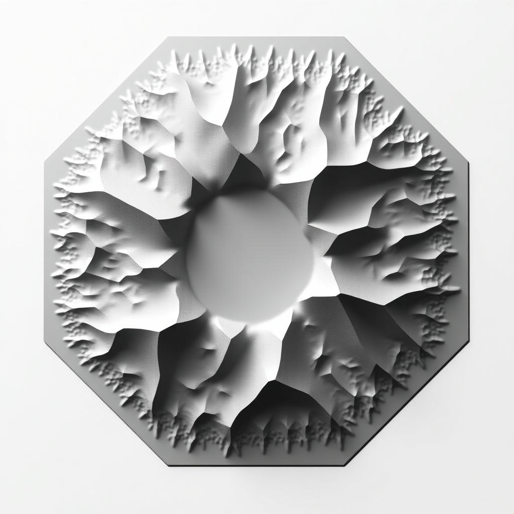 A greyscale heightmap representing a mountain range. The outline appears hexagonal with a flat circular section at its center.