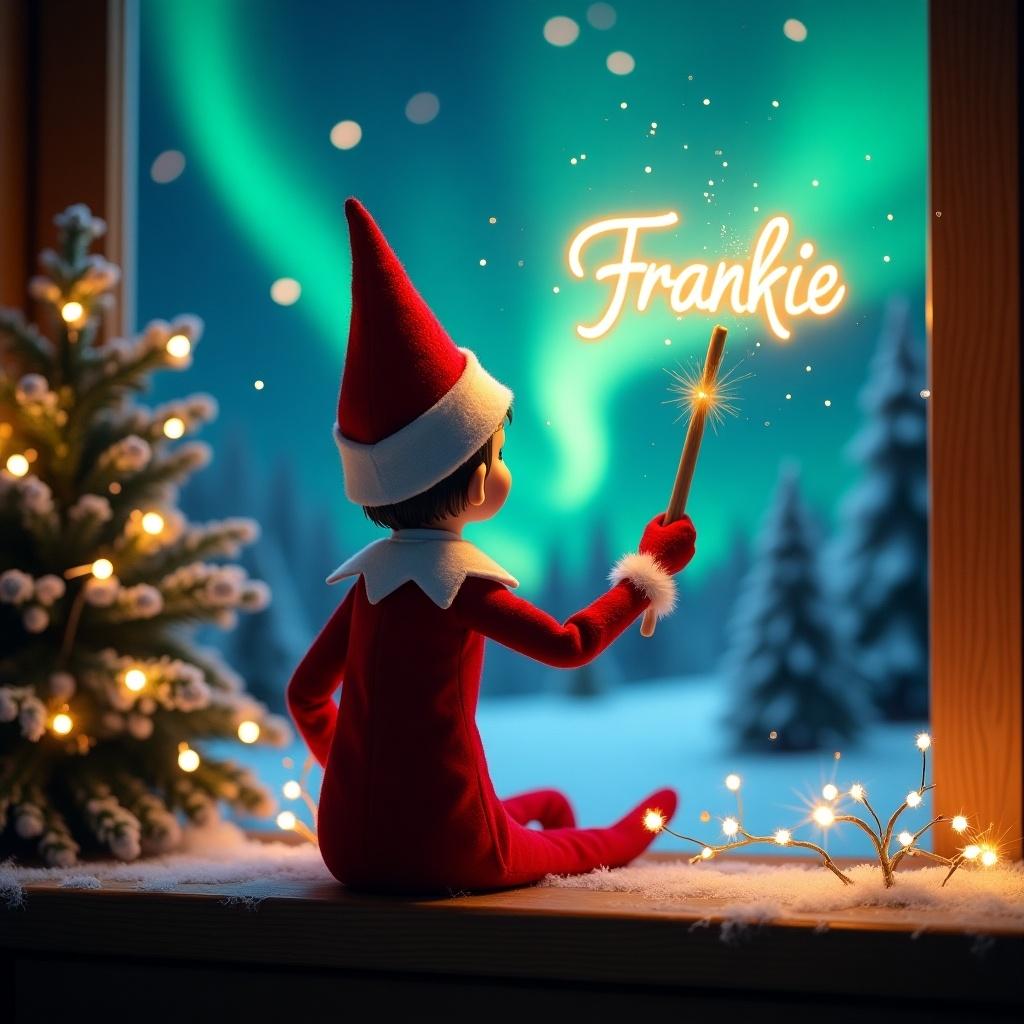 An enchanting Christmas scene featuring an elf on the shelf. The elf is facing the sky, with his back to the viewer. He's wearing a classic red and white outfit and holding a magic wand. Above him, the name 'Frankie' glows in festive script. The backdrop is filled with vibrant northern lights, casting a magical ambiance. The scene is festive and whimsical, capturing the spirit of Christmas.