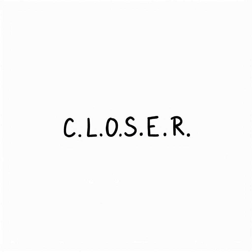 C.L.O.S.E.R written in capital letters with dots between each letter. Simple design on a white background. Motion graphic drawing style. Clean and clear presentation. Suitable for sales process explanation.