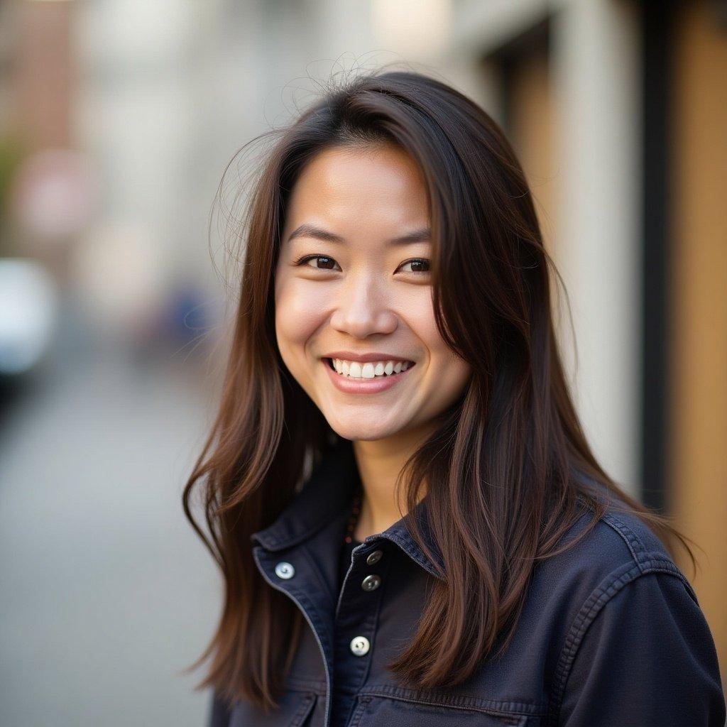 Portrait of a smiling woman with long hair wearing a dark jacket. Outdoors with a blurred background. Natural light highlights her features.