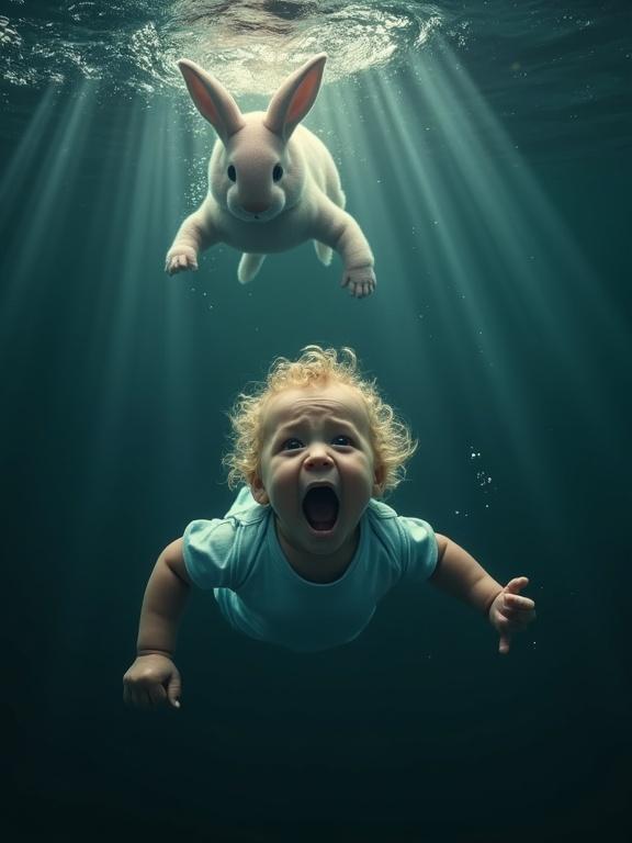 Underwater scene featuring a baby with curly blonde hair in a light blue onesie. Baby submerged in murky water, mouth wide open conveying distress. Bubbles rise around the baby. A large pink rabbit swims gracefully toward the baby. Rabbit's soft fur glows in dim lighting. Sunlight beams filter through water, illuminating baby and rabbit. The scene conveys urgency, vulnerability, and whimsical connection.