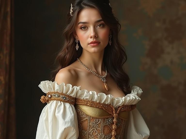 A young woman wears an elegant medieval gown. Her attire features elaborate details and accessories. The background is rich and textured. Soft lighting highlights her features. The composition evokes a sense of royalty and grace.
