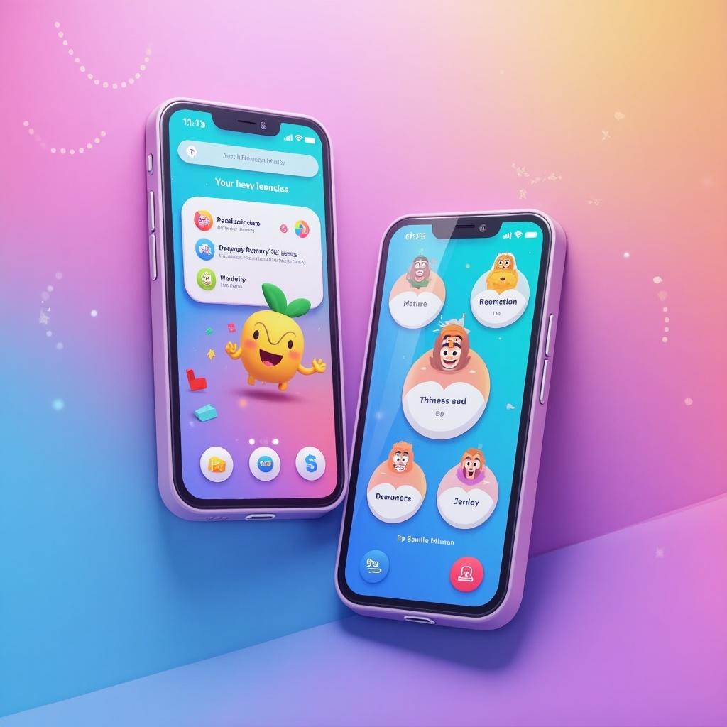 Digital mockup shows two modern smartphones. Each phone has colorful app interfaces. Background is gradient of pink, blue, and purple. One phone has playful app elements. Other phone has professional interface. Represents creativity and modern technology.