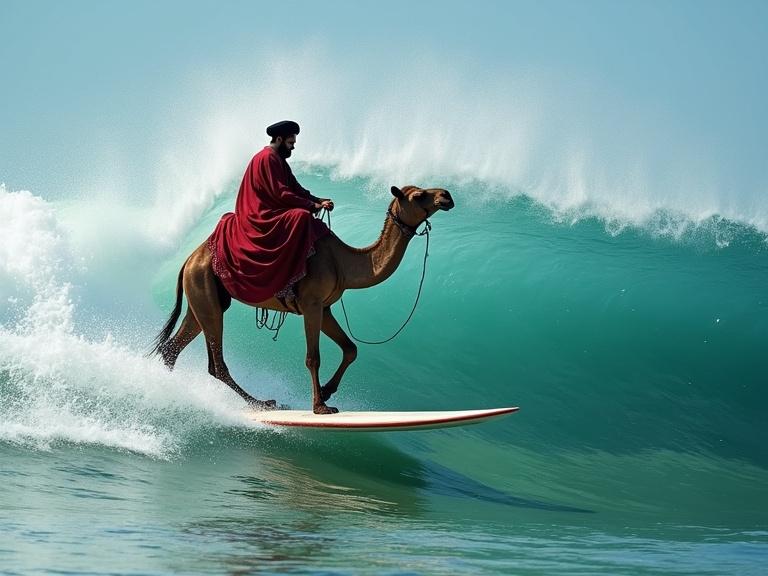 A camel surfing on a giant surfboard in the ocean. Bright turquoise waves crashing. A rider in a red cloak is guiding the camel. Sunny beach atmosphere with a lively ocean backdrop.