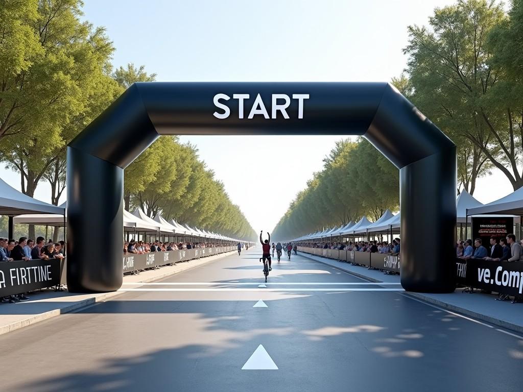 This image captures an elevated view of a cycling championship start and finish arch. The view is taken from behind the arch, leading into the race course, with a cyclist in the foreground, raising arms in celebration. On either side of the arch, two canopies are set up for spectators. Beyond the arch, on the right, there is a VIP terrace area for elite viewers. To the left of the arch, a stage is visible for the awards ceremony, complete with an LED screen for spectators. The atmosphere is lively, emphasizing the excitement of the race.