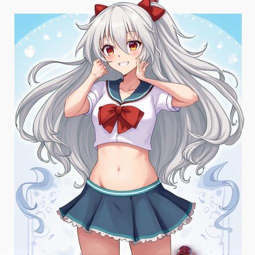 Anime girl character design with a playful expression. Character has long hair and a sporty outfit with a short top and a skirt. The setting is whimsical and cheerful with a light background.