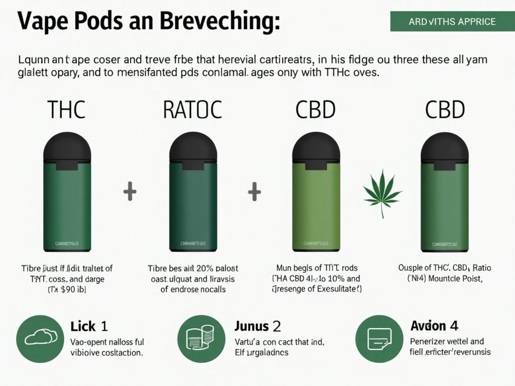 The image presents a variety of vape pods arranged neatly on a wooden background. It highlights the differences between THC, RATOC, and CBD pods, with annotations explaining their features. Each pod is stylishly designed, with a sleek appearance. There are graphical elements that depict their respective benefits. Additionally, there's an emphasis on responsible use and education related to these products. This image serves as a useful reference for both consumers and enthusiasts in the cannabis community.