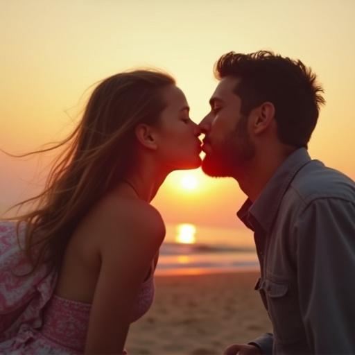 A father and his youthful daughter sharing a kiss at sunset on the beach. The image has a pixelated, low-resolution quality with bright, oversaturated colors typical of older phone cameras.