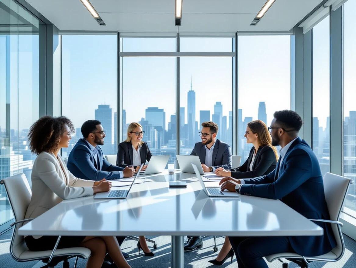 Professional business meeting in a sleek glass conference room. Diverse team of four professionals around a white table with laptops and documents. Floor-to-ceiling windows showing city skyline. Clean and minimal aesthetic. Emphasis on collaboration and modern workspace design.