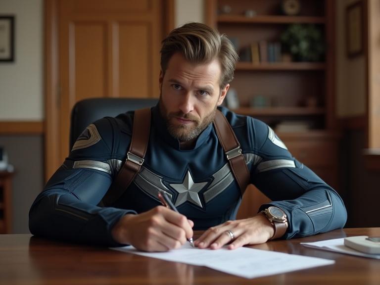 A bearded superhero dressed as Captain America seated at a wooden desk signing documents in an office setting.