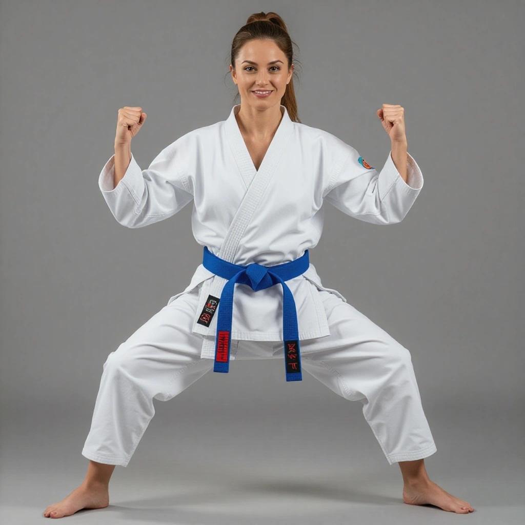 Athletic woman wearing white karate uniform and blue belt. Doing warm-up stretching exercises in a fighting stance. Smiling and facing the camera with bare feet. Neutral gray background.