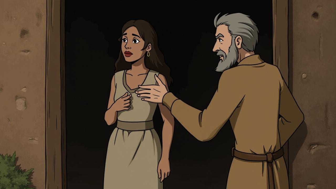 A young woman and an older man in animated style standing at a doorway, with a soft shadowy background and beige walls, evoking an ancient or historical setting.