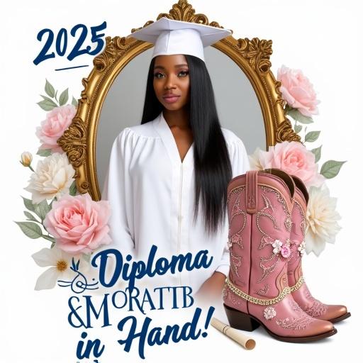 Confident Black woman in white graduation attire stands with elongated straight hair. Ornate golden frame surrounds her with pastel flowers. Year 2025 displayed above in blue. Phrase 'Diploma in Hand!' in large text below. Pink embroidered cowgirl boots nearby. Overall theme is empowerment and celebration.