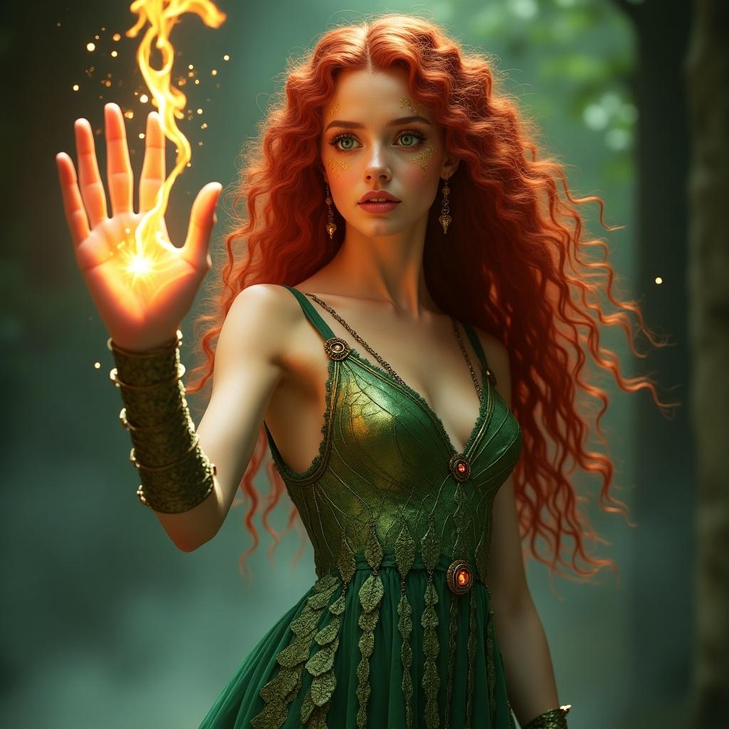 The image depicts a stunning young sorceress, standing confidently in a dynamic pose. She has long, ruby-red curly hair and vibrant emerald-green eyes that shine with confidence. With her hand raised and fingers spread, she conjures a magical flame that dances with an ethereal glow. Her gown is fitted and intricately designed, embodying both power and mystery. Golden dragon-like scales adorn her face, adding to her presence as a blend of warrior and goddess.