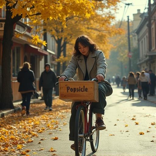 Old street in autumn with falling yellow leaves from maple trees. Small shop named Struggle Shop. Teenage girl in Balenciaga outfit on old bike. Wooden box on bike reads Popsicle. Bustling street with people.
